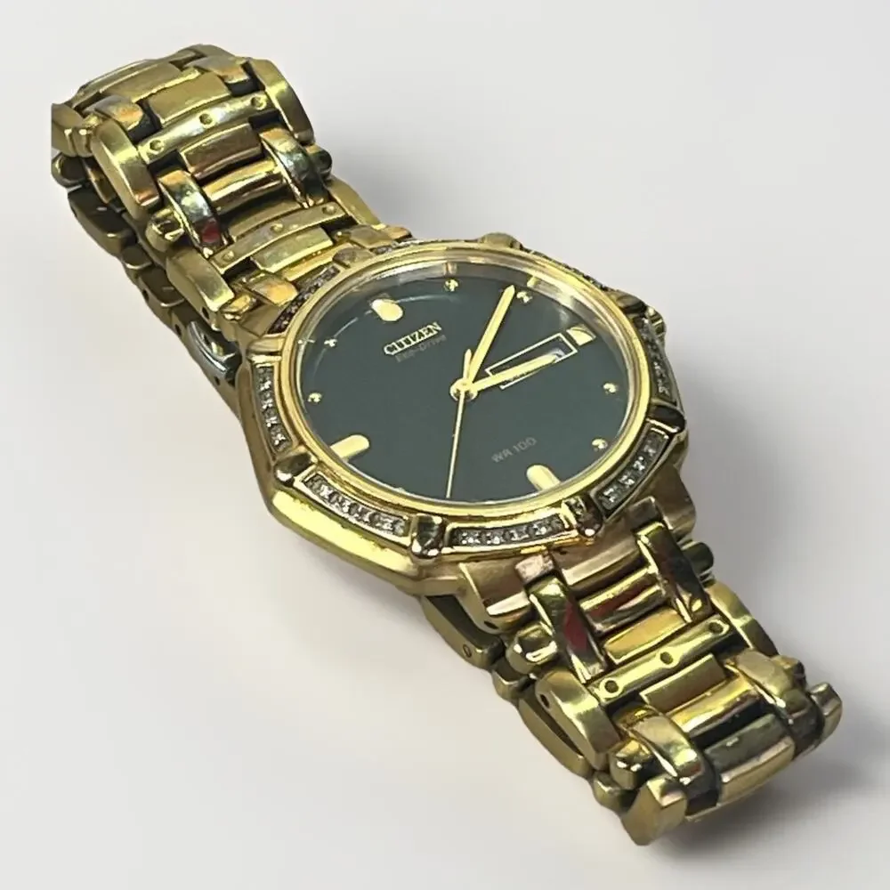 Citizen Eco-Drive Diamond Bezel Gold Tone Day Date Spanish WR100 Watch Works